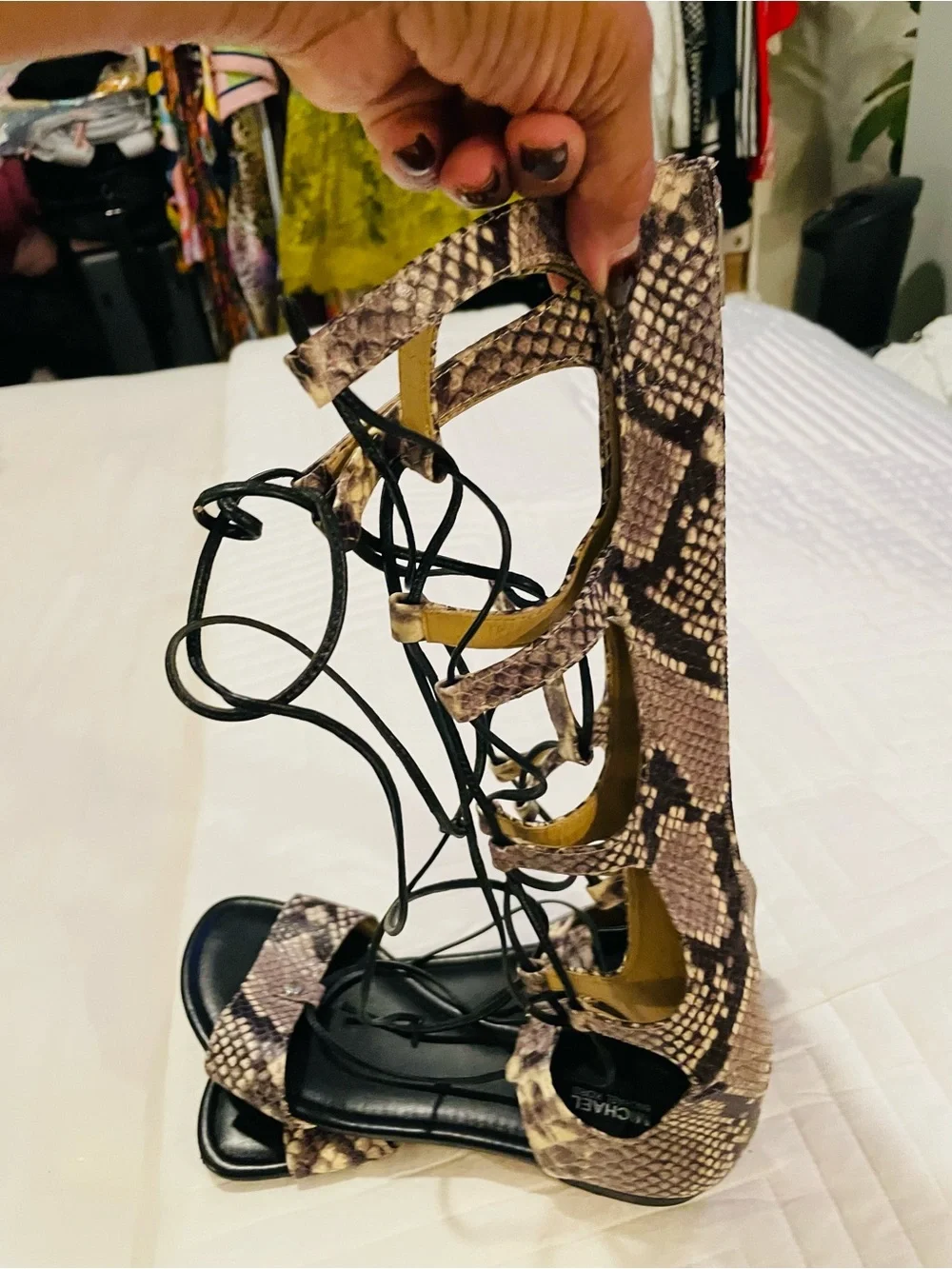 Michael Kors Snake-Print leather Lace-Up Gladiator Sandals - Black, Brown & Tan